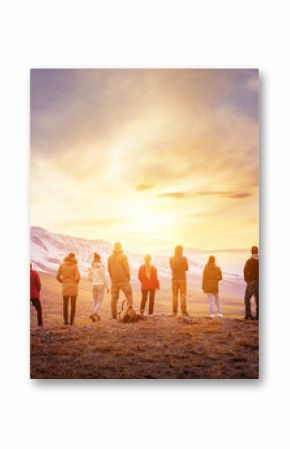 Group people sunset mountains view