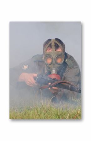 German soldier in gas mask . WW2 reenacting