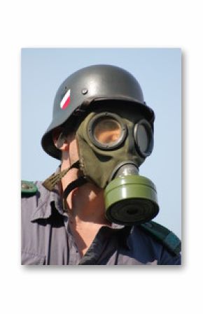 German soldier in gas mask . WW2 reenacting
