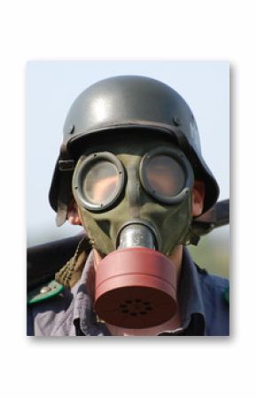 German soldier in gas mask . WW2 reenacting