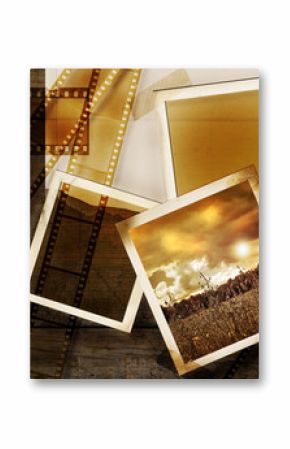 Old film and photos on distressed wood background