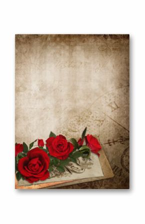Red roses, old letters on the vintage shabby background