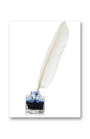 White feather quill pen and glass inkwell isolated on a white background. Retro style.