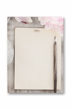 Vintage Background with Old Blank Paper, Pen and Flowers