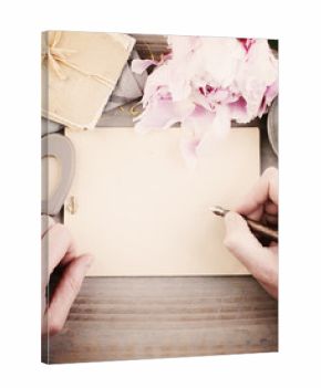 Vintage Background with Male Hands, Pen and Paper. Man Writing L