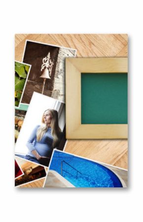 empty picture frame with a stack of different photographs that capture different subjects