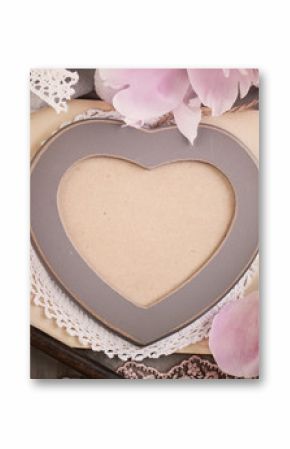 Vintage Heart Frame on Retro Background with Peony Flowers and Lace