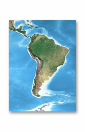 Physical map of South America, with high resolution details. Flattened satellite view of Planet Earth, its geography and topography. 3D illustration - Elements of this image furnished by NASA