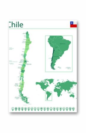 Chile detailed map and flag. Chile on world map.