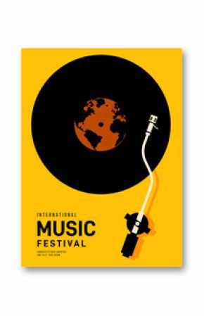 Music festival poster design template background with world map and vinyl record