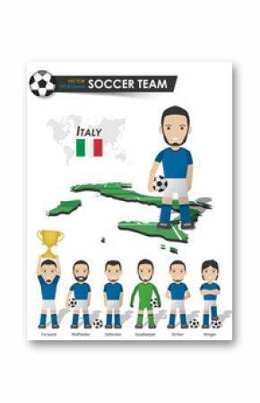 Italy national soccer cup team . Football player with sports jersey stand on perspective field country map and world map . Set of footballer positions . Cartoon character flat design . Vector .