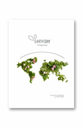 Environmentally friendly planet Poster. Earth day. The map of the world made from green leaves and branches. Minimal nature concept. Think Green. Ecology Concept. Top view. Flat lay.