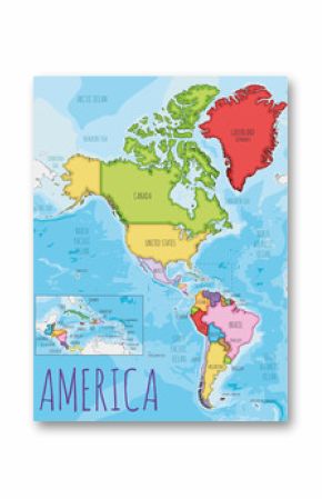 Political America Map vector illustration with different colors for each country. Editable and clearly labeled layers.