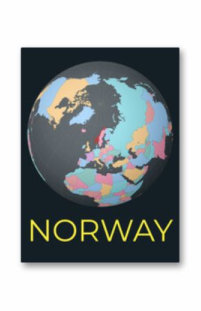 World map centered to Norway. Red country highlighted. Satellite world view centered to country with name. Vector Illustration.