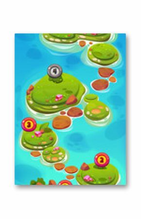 Game level map with green islands in sea and icons with numbers. Top view of blue water and islands with grass, stones and pink gems, vector cartoon illustration for mobile game background