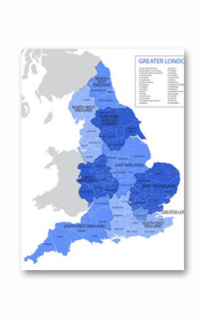 Vector, blue map of England with division into regions, counties and districts