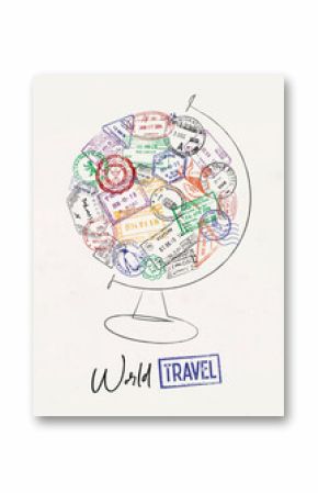 Globe made from a passport stamps different countries with lettering world travel poster style