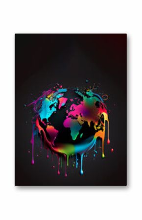 Earth day world globe map paper, splash colors, vertical poster with copy space, black background color. Generative AI illustration