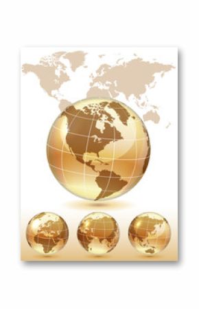 Different views of golden glass globe, map included, vector illustration, eps 10, 3 layers