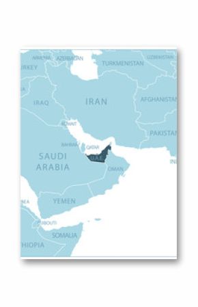 United Arab Emirates - blue map with neighboring countries and names.