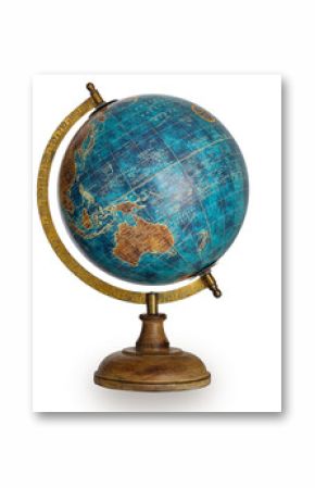 Table world wooden Globe model in blue color isolated on white background.