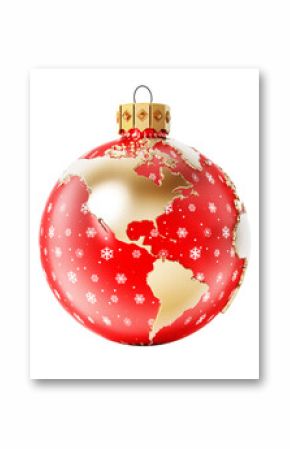 Christmas bauble with earth map isolated on transparent background. 3D rendering