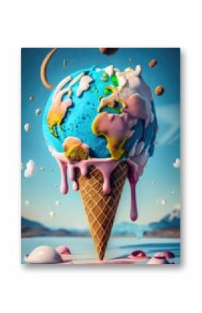 Ice cream cone in the shape of globe flowing down