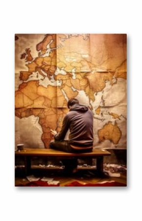 Man sitting  and looking at a map of the world.