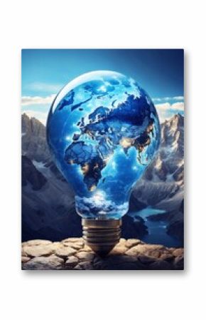 Eco light bulb with blue world map on mountains background. Innovation idea. Technology and nature inspiration. Alternative energy concept
