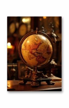 A vintage study with an old globe showcasing historical scenes instead of countries. A captivating glimpse into the past. Generative AI.