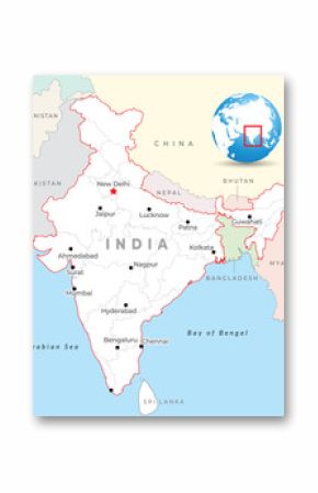 India map with capital New Delhi, most important cities and national borders