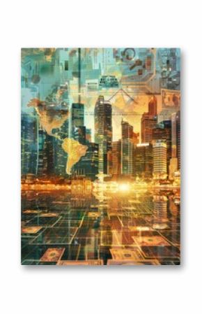 Abstract financial concept with world map overlay on city - A complex overlay of a world map and various financial symbols on a bustling modern cityscape