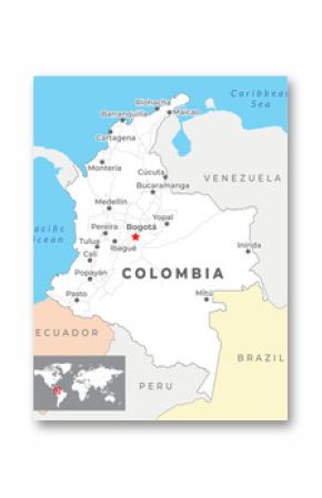 Colombia map with capital Bogota, most important cities and national borders