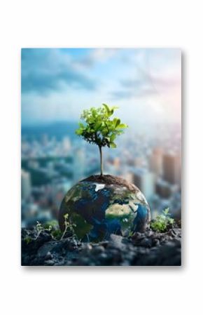 Green Tree Growing on Globe with City Background, To promote environmental awareness and the integration of nature in urban settings