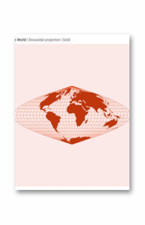 World map. Sinusoidal projection. Solid style. High detail world map for infographics, education, reports, presentations. Vector illustration.