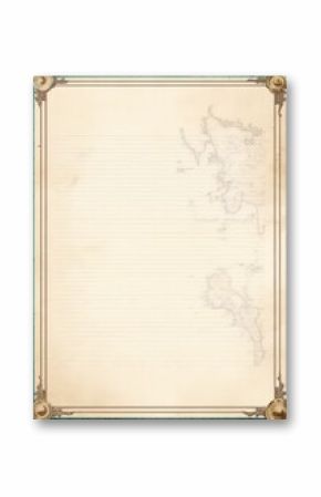 ornate ruled paper with golden corners and a world map watermark