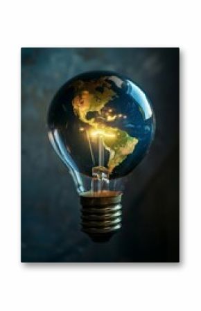 Conceptual image of a light bulb with a world map projection. Global energy and sustainability concept