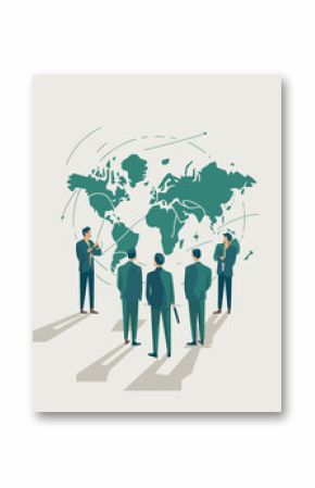 Graphic Representation of a Team of a Group of Executives Reviewing a Large World Map for Global Strategy, Vector Illustartion Style