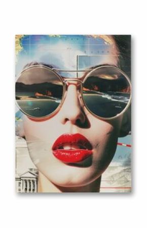 Fashion collage portrait portrait of a girl in sunglasses with bright lips on the background of a world map. Vertical