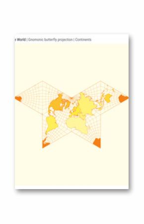 World Map. Gnomonic butterfly projection. Continents style. High Detail World map for infographics, education, reports, presentations. Vector illustration.