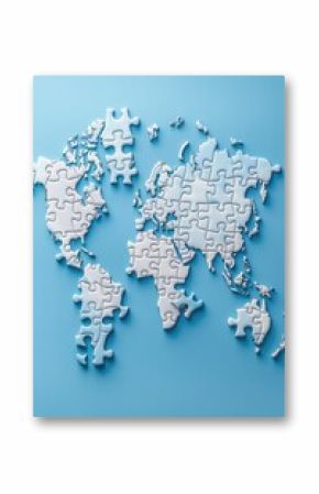 A world map with puzzle pieces fitting together, representing global investment opportunities and portfolio diversification, on a light blue background.