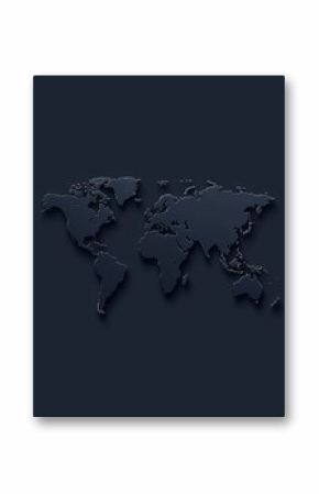 Dark blue world map illustration on a sleek background, depicting continents in detailed relief