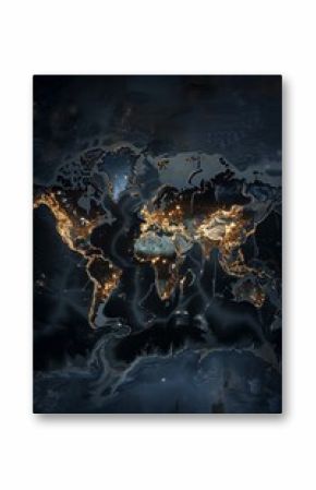 Illuminated world map at night with glowing lines connecting different regions, symbolizing global communication, connectivity, international relations, technology