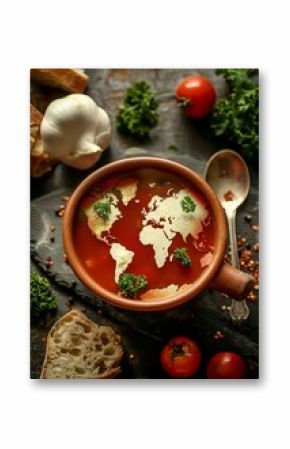 Top view of red soup in a plate with spices in the form of a world map. Soup with a world map on a wooden dark board, top view.International cuisine concept