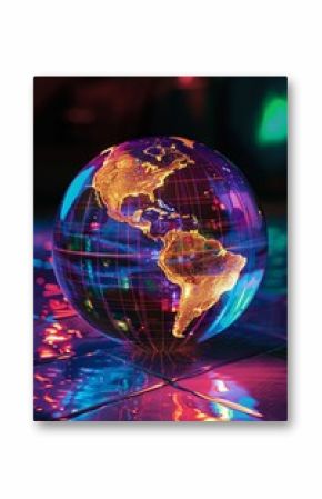 A globe with a semi-transparent surface displaying glowing continents and vibrant, digital grid lines.