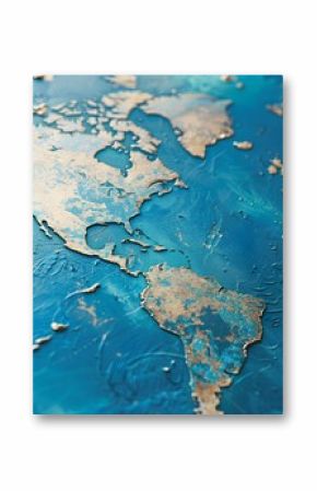 A close-up of a world map on a blue background, text space, perfect for educational or travel projects