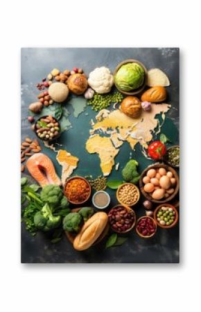 A vibrant arrangement of various foods surrounding a world map, showcasing global culinary diversity and healthy eating.