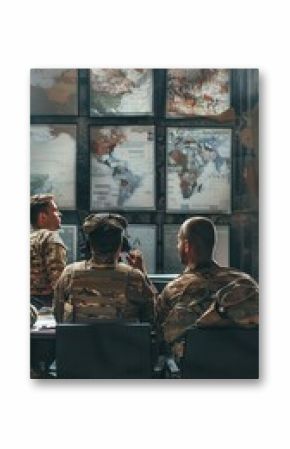 Troops analyze world maps on the wall during an important strategic meeting