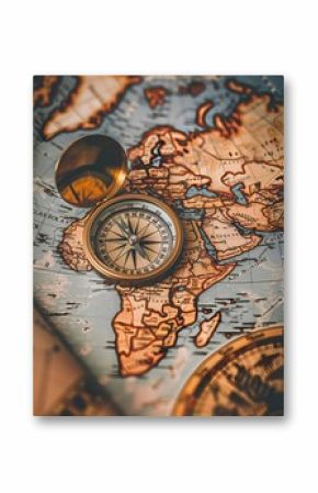 Magnetic old compass on world map. Travel, geography, history, navigation, tourism and exploration concept background. Retro compass on geography map.