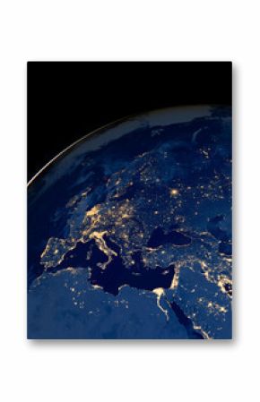 Earth photo at night, City Lights of Europe, Middle East, Turkey, Italy, Black Sea, Mediterrenian Sea from space, World map on dark globe on satellite photo. Elements of this image furnished by NASA.